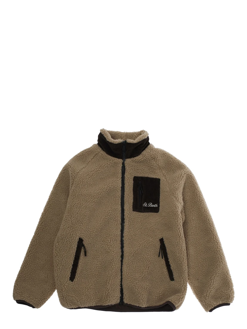 Brown Jacket with High Neck and One Patch Pocket with Logo Lettering on the Front in Fleece Boy