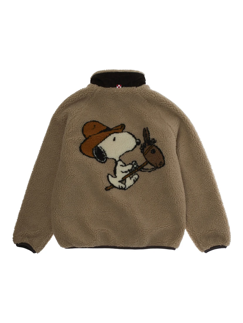 Brown Jacket with High Neck and One Patch Pocket with Logo Lettering on the Front in Fleece Boy