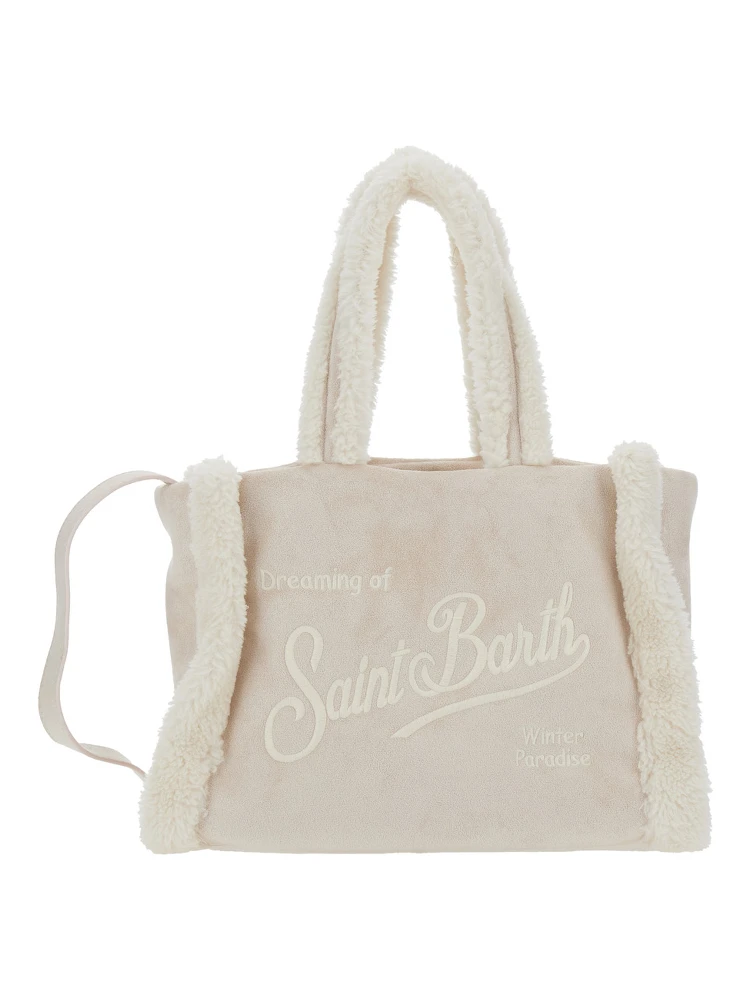 Colette Beige Handbag with Logo Lettering on Front and Rear and Fringed Details in Wool Blend Girl