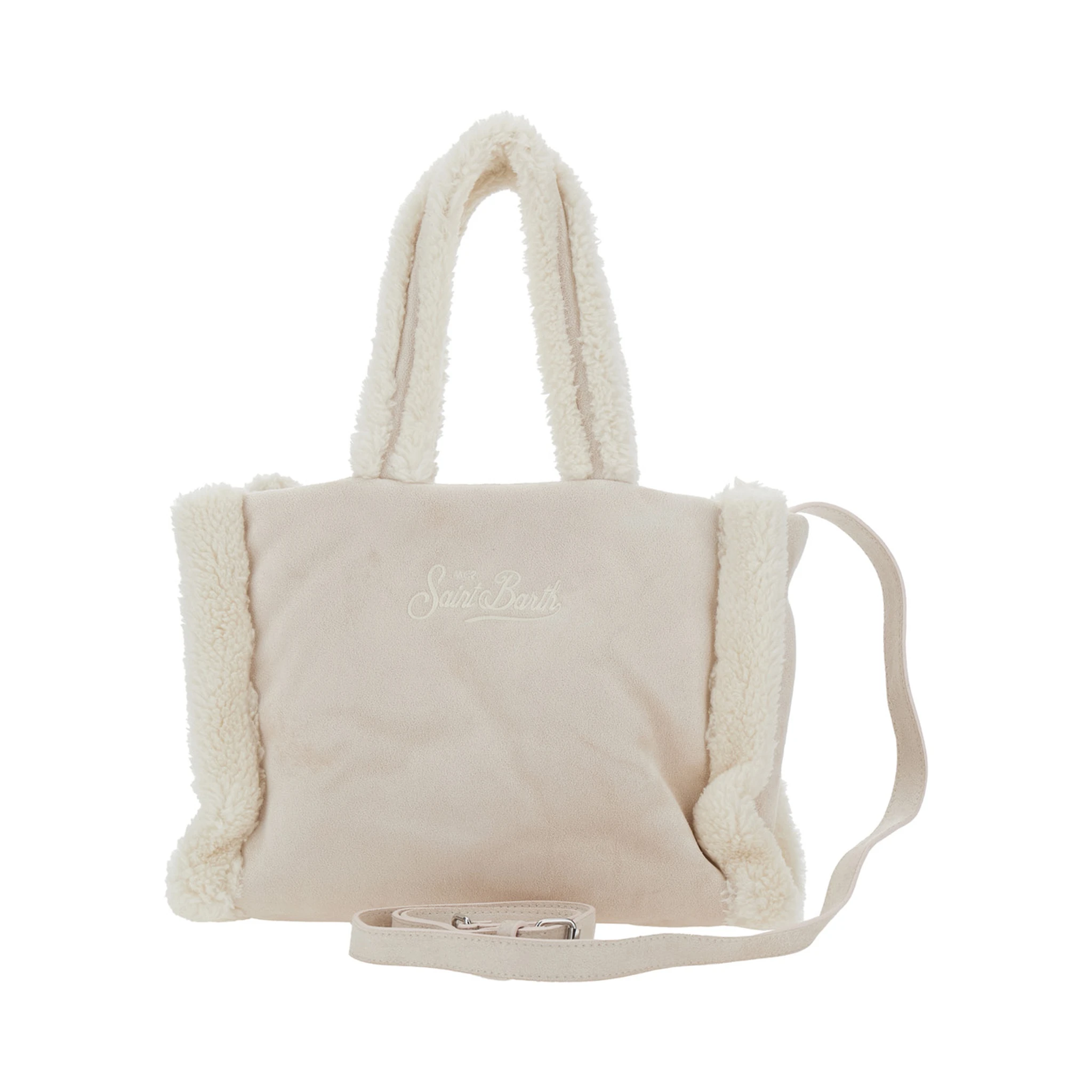 Colette Beige Handbag with Logo Lettering on Front and Rear and Fringed Details in Wool Blend Girl