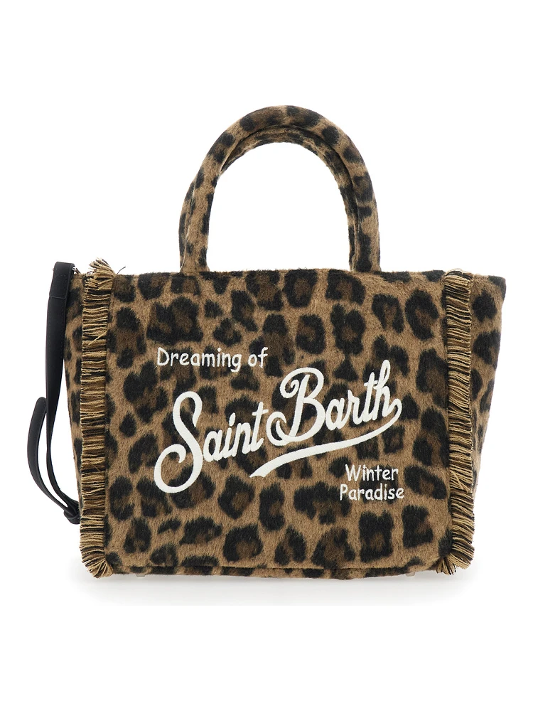 Colette Brown Handbag with Logo Lettering on Front and Back and Leopard Print in Fabric Girl