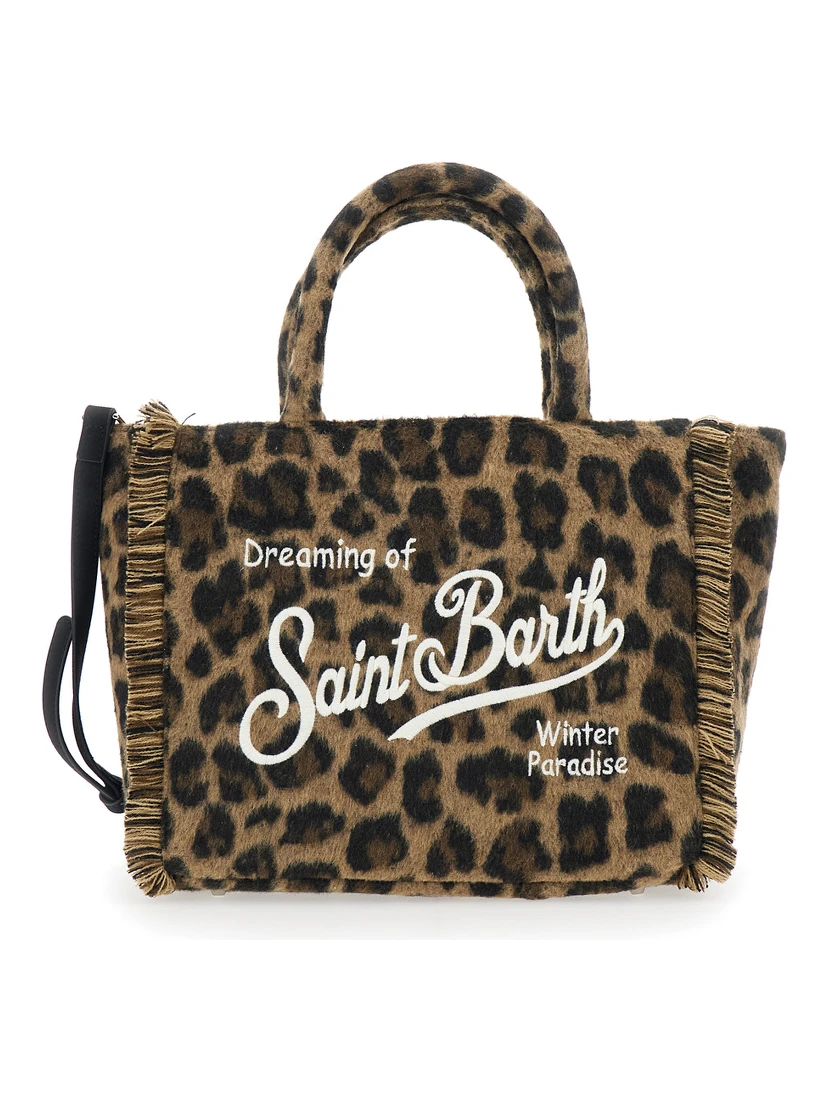 Colette Brown Handbag with Logo Lettering on Front and Back and Leopard Print in Fabric Girl