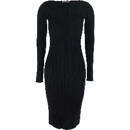 Black Long Dress with Boat Neck and Ribbed Design in Fabric Woman