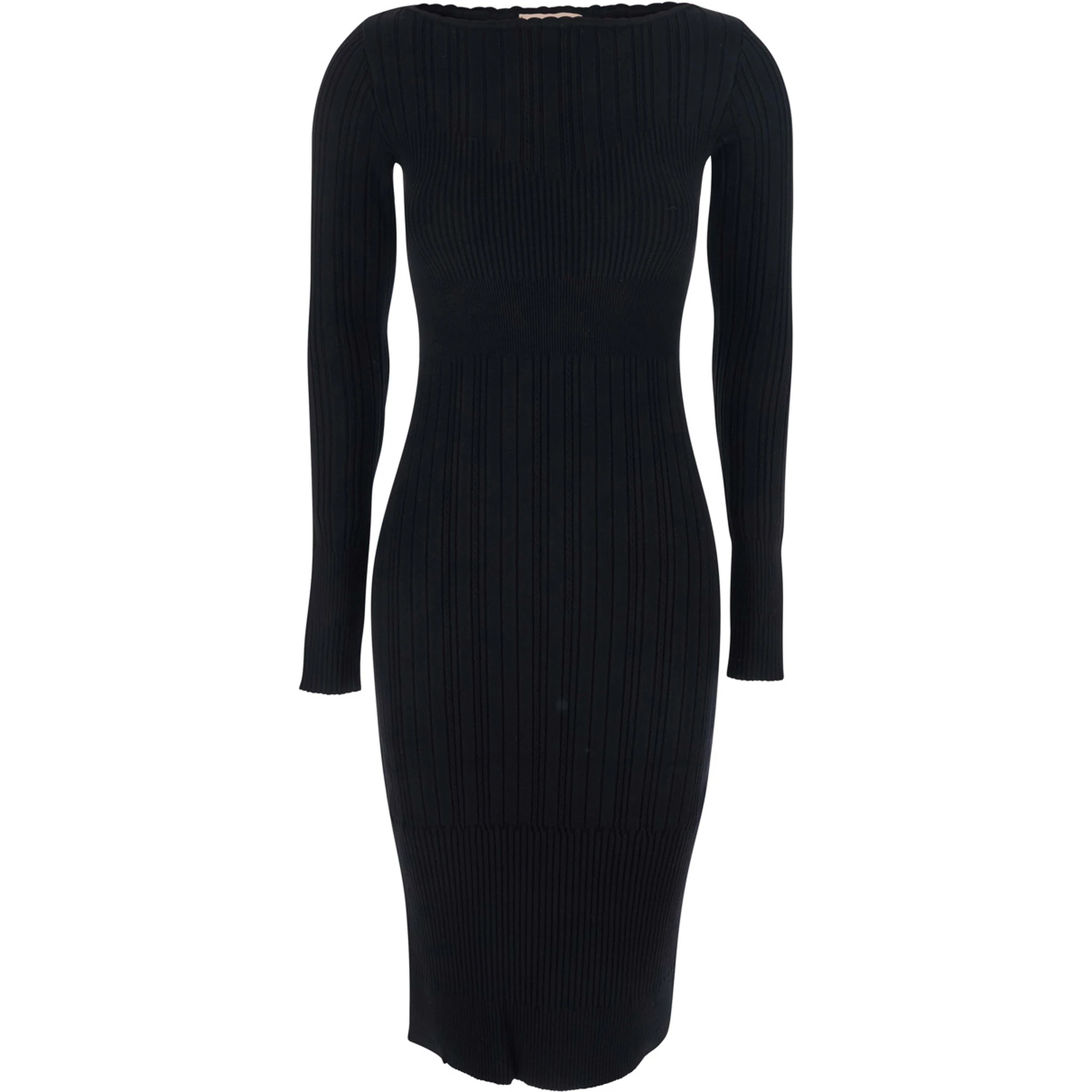 Black Long Dress with Boat Neck and Ribbed Design in Fabric Woman