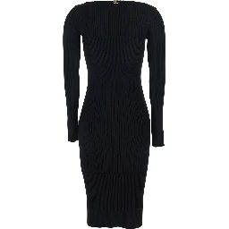 Black Long Dress with Boat Neck and Ribbed Design in Fabric Woman