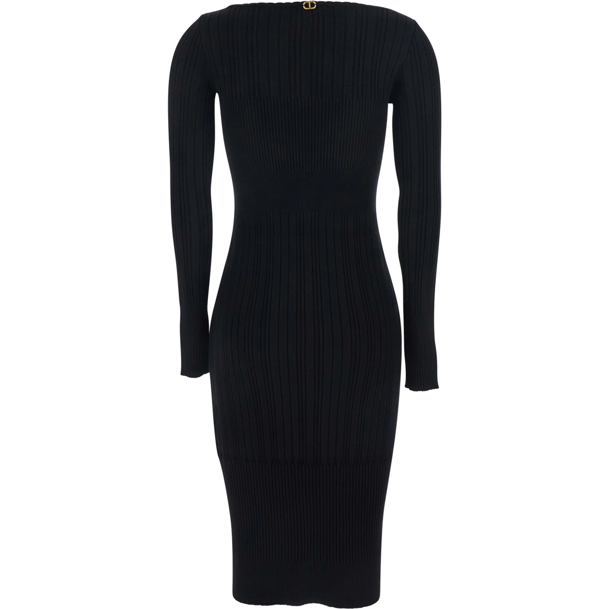 Black Long Dress with Boat Neck and Ribbed Design in Fabric Woman