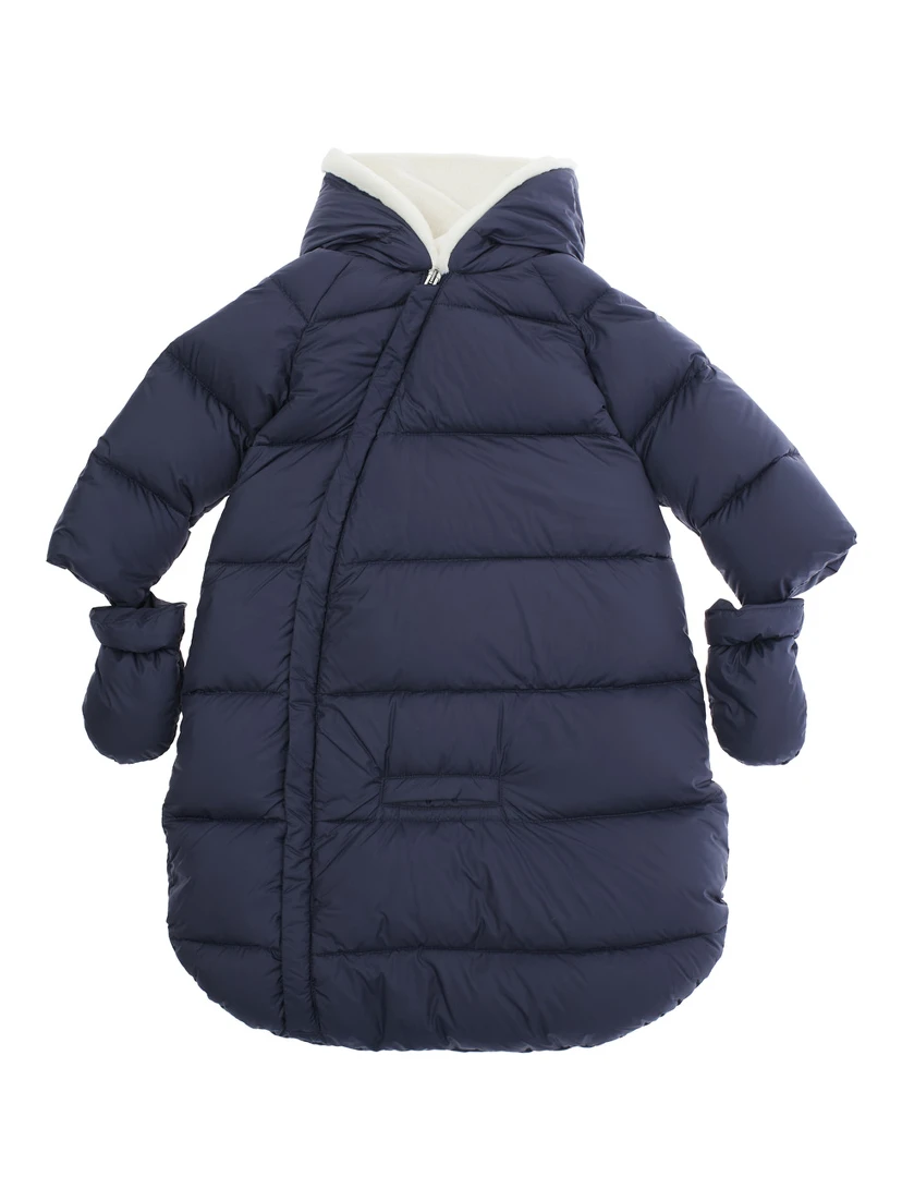 Blue Sleeping Sack Down Jacket with Fixed Hood and Removable Gloves in Tech Fabric Baby