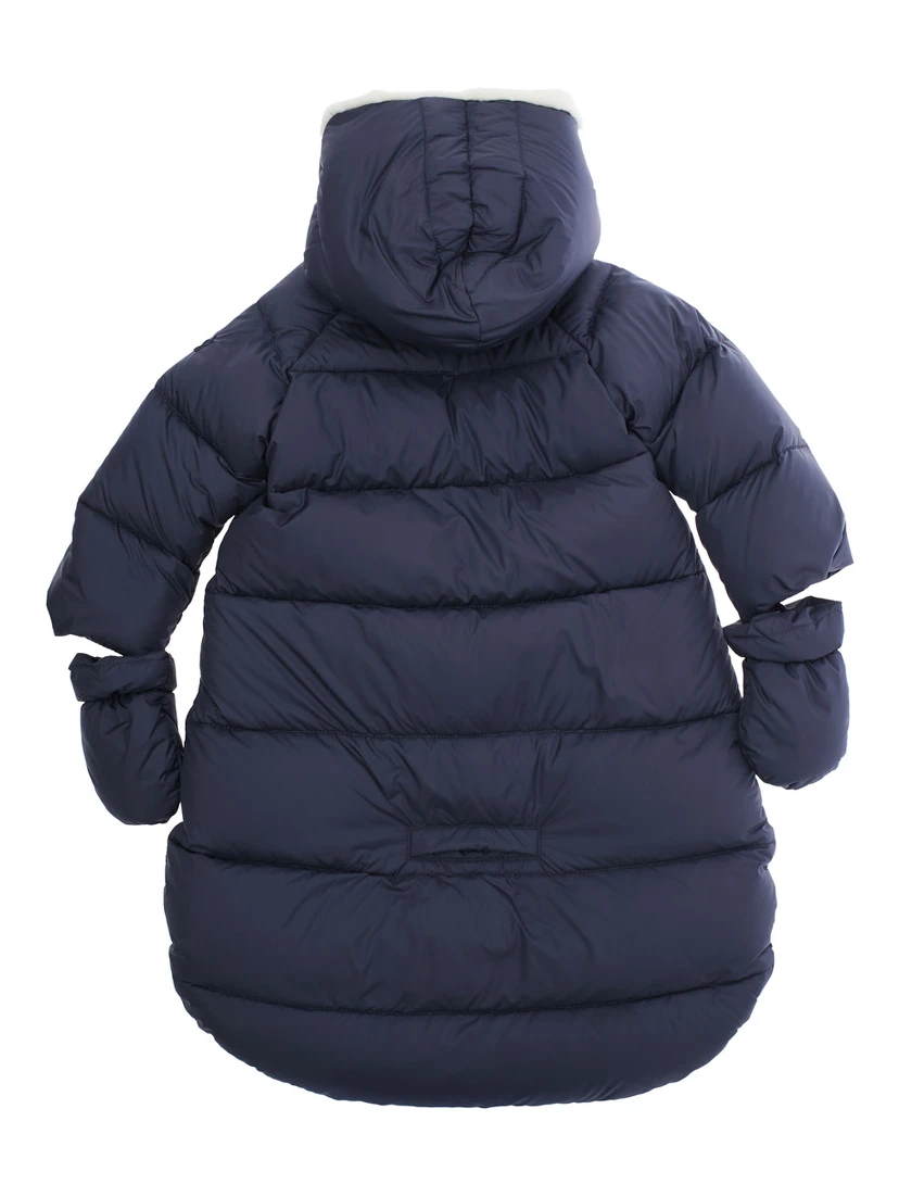 Blue Sleeping Sack Down Jacket with Fixed Hood and Removable Gloves in Tech Fabric Baby