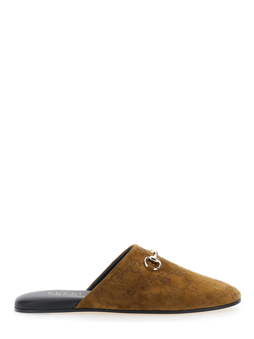 Brown Mule with Horsebit on the Front and All-Over GG Motif in Suede Woman