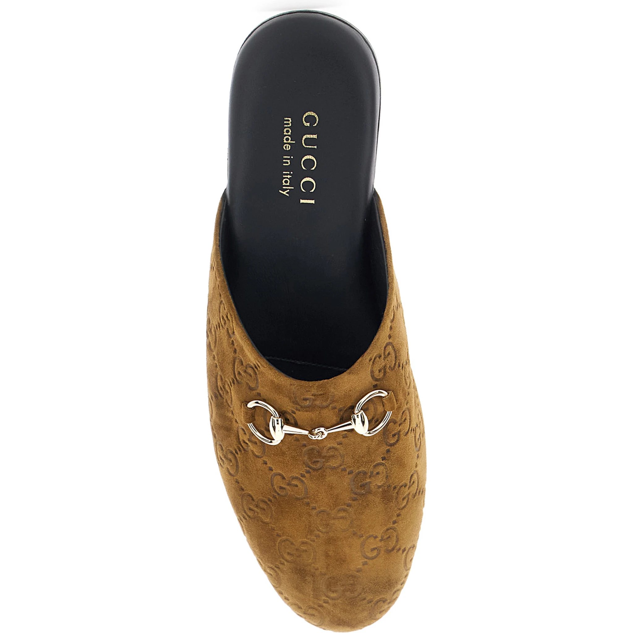 Brown Mule with Horsebit on the Front and All-Over GG Motif in Suede Woman