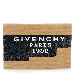 Beige Clutch Bag with Crinkled Effect and Logo Lettering on the Front in Leather Woman