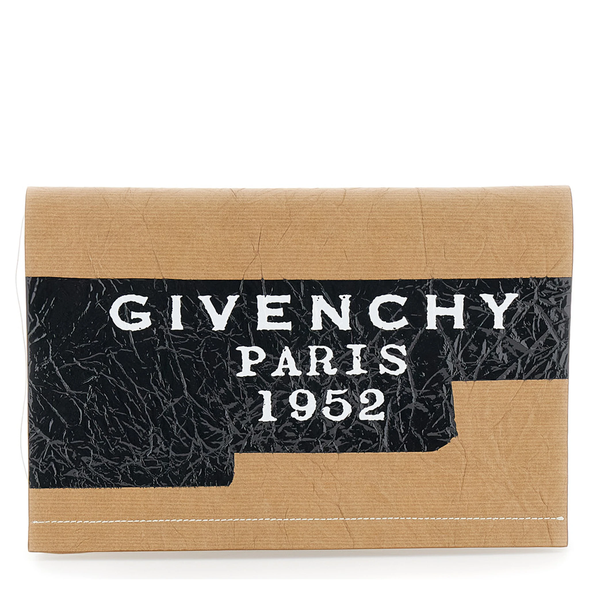 Beige Clutch Bag with Crinkled Effect and Logo Lettering on the Front in Leather Woman