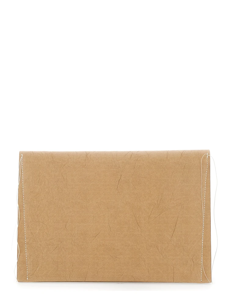 Beige Clutch Bag with Crinkled Effect and Logo Lettering on the Front in Leather Woman alternative