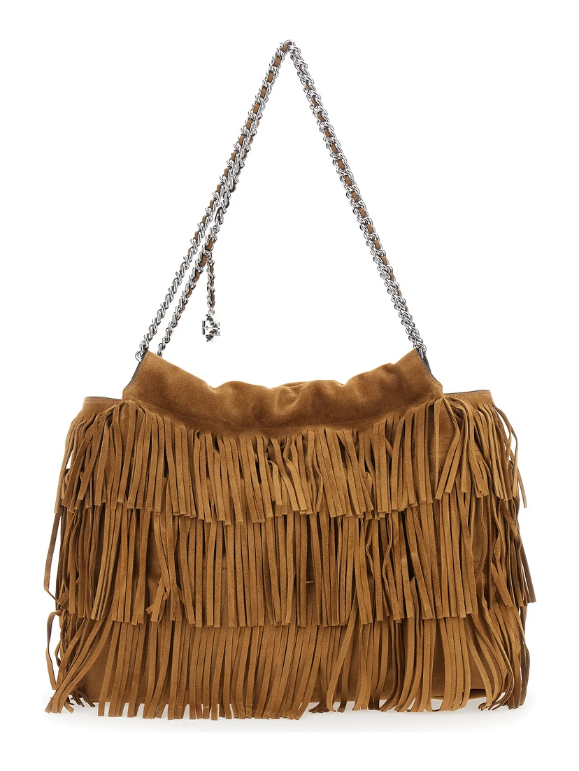 Fleming Brown Shoulder Bag with Chain Strap and Fringe Design in Suede Woman