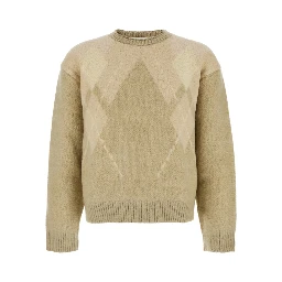 Beige Crewneck Sweater with All-Over Argyle Motif in Wool Blend Man
