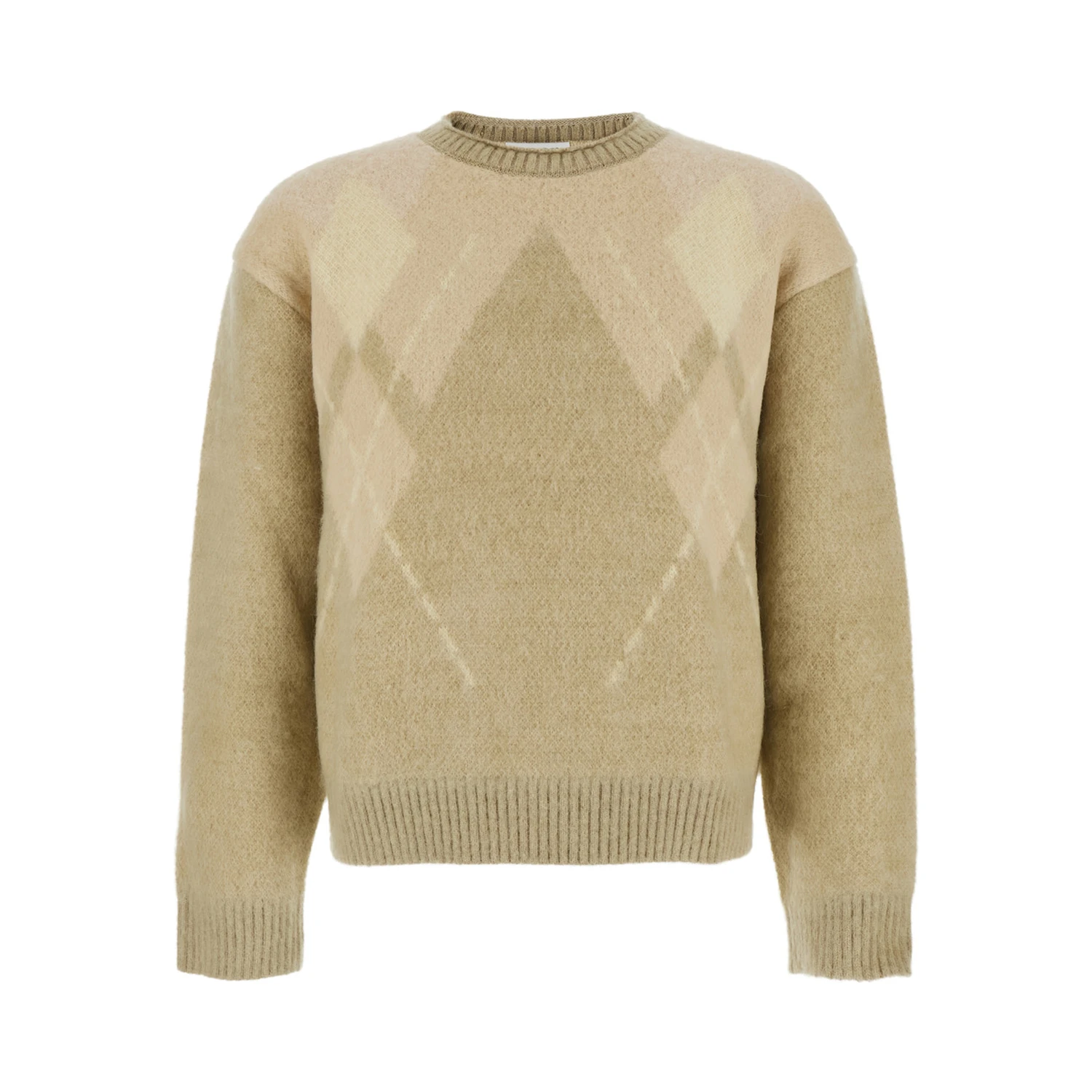 Beige Crewneck Sweater with All-Over Argyle Motif in Wool Blend Man