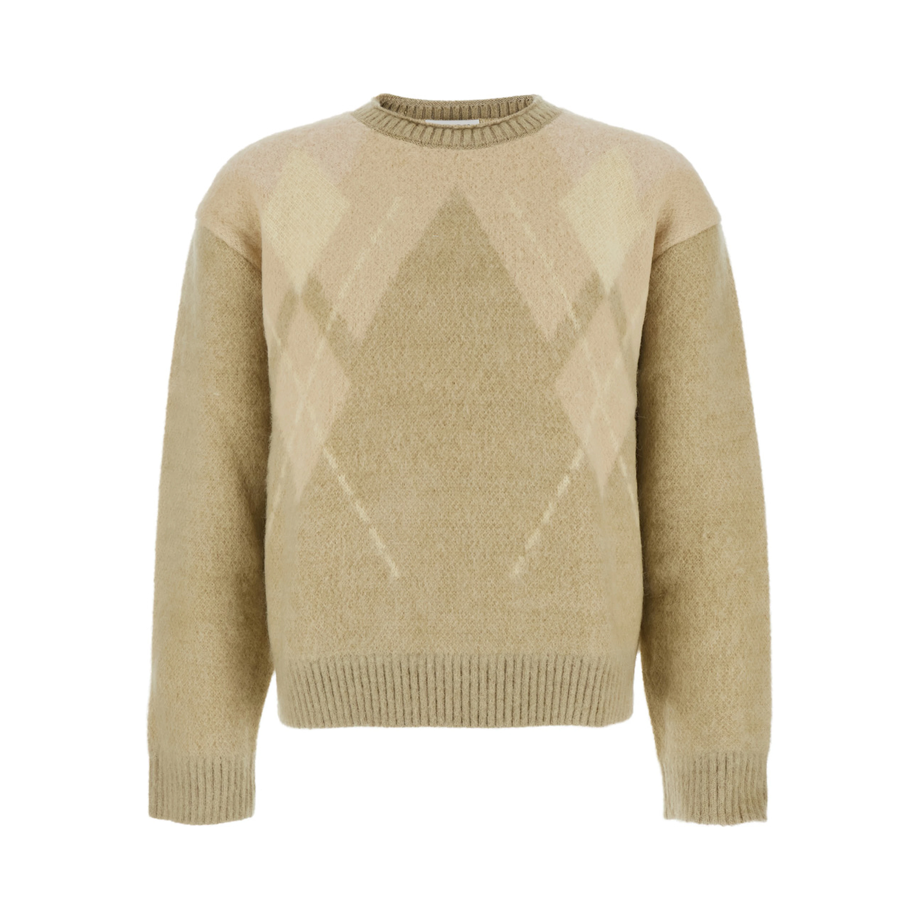 Beige Crewneck Sweater with All-Over Argyle Motif in Wool Blend Man