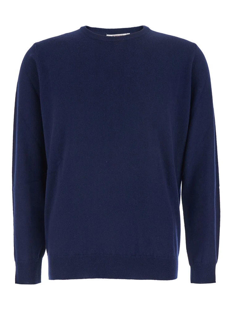 Blue Crewneck Sweater with Ribbed Trims in Cashmere Man