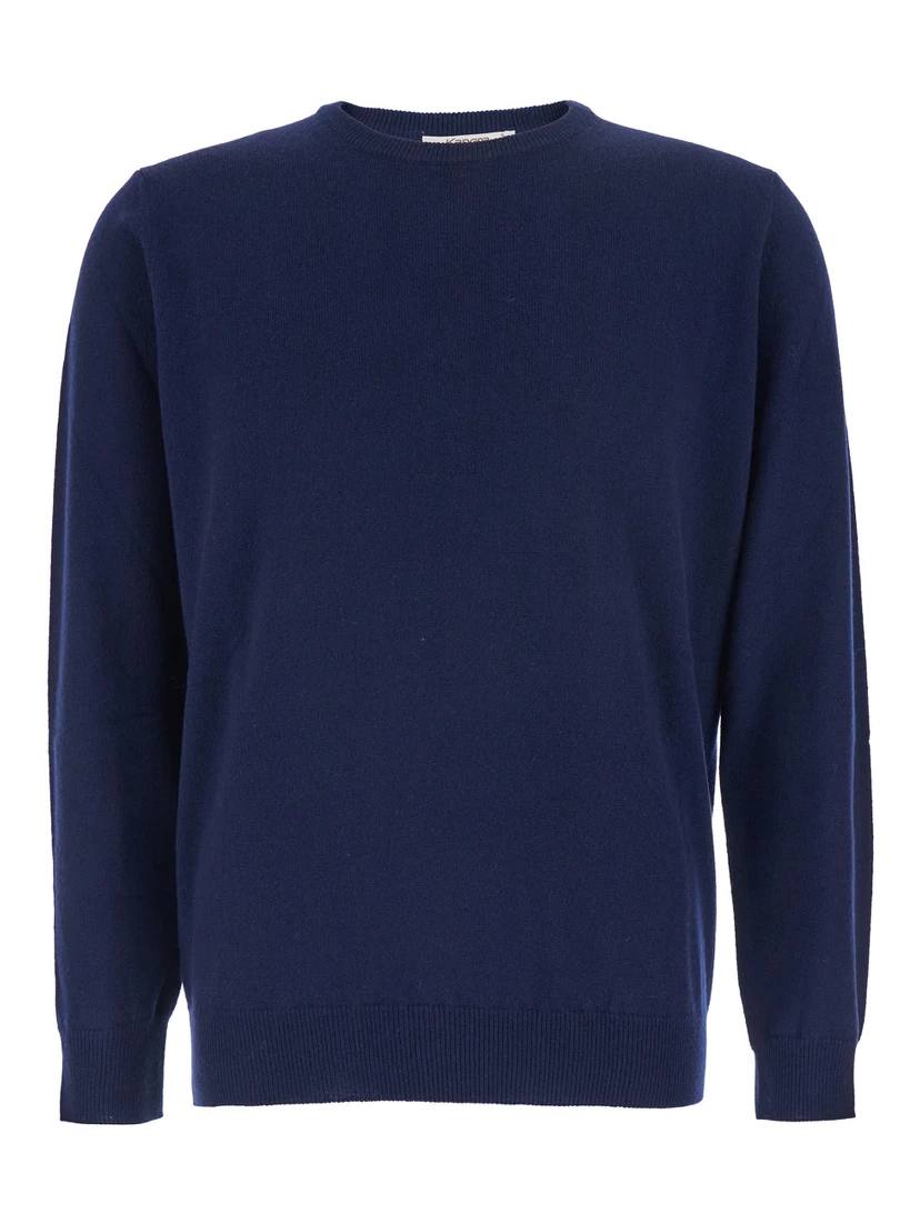 Blue Crewneck Sweater with Ribbed Trims in Cashmere Man