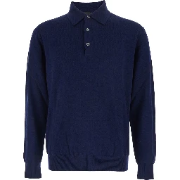 Blue Sweater with Polo Shirt Style Collar and Long Sleeves in Wool Blend Man