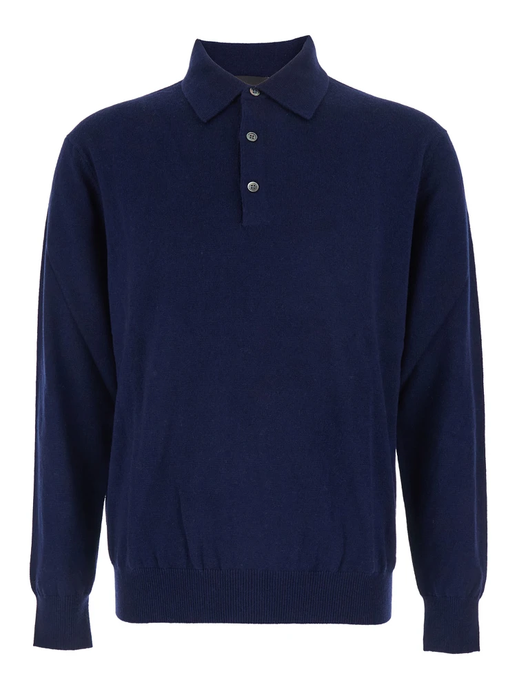 Blue Sweater with Polo Shirt Style Collar and Long Sleeves in Wool Blend Man