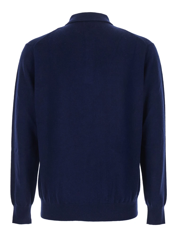 Blue Sweater with Polo Shirt Style Collar and Long Sleeves in Wool Blend Man alternative