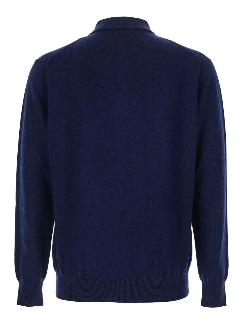 Blue Sweater with Polo Shirt Style Collar and Long Sleeves in Wool Blend Man