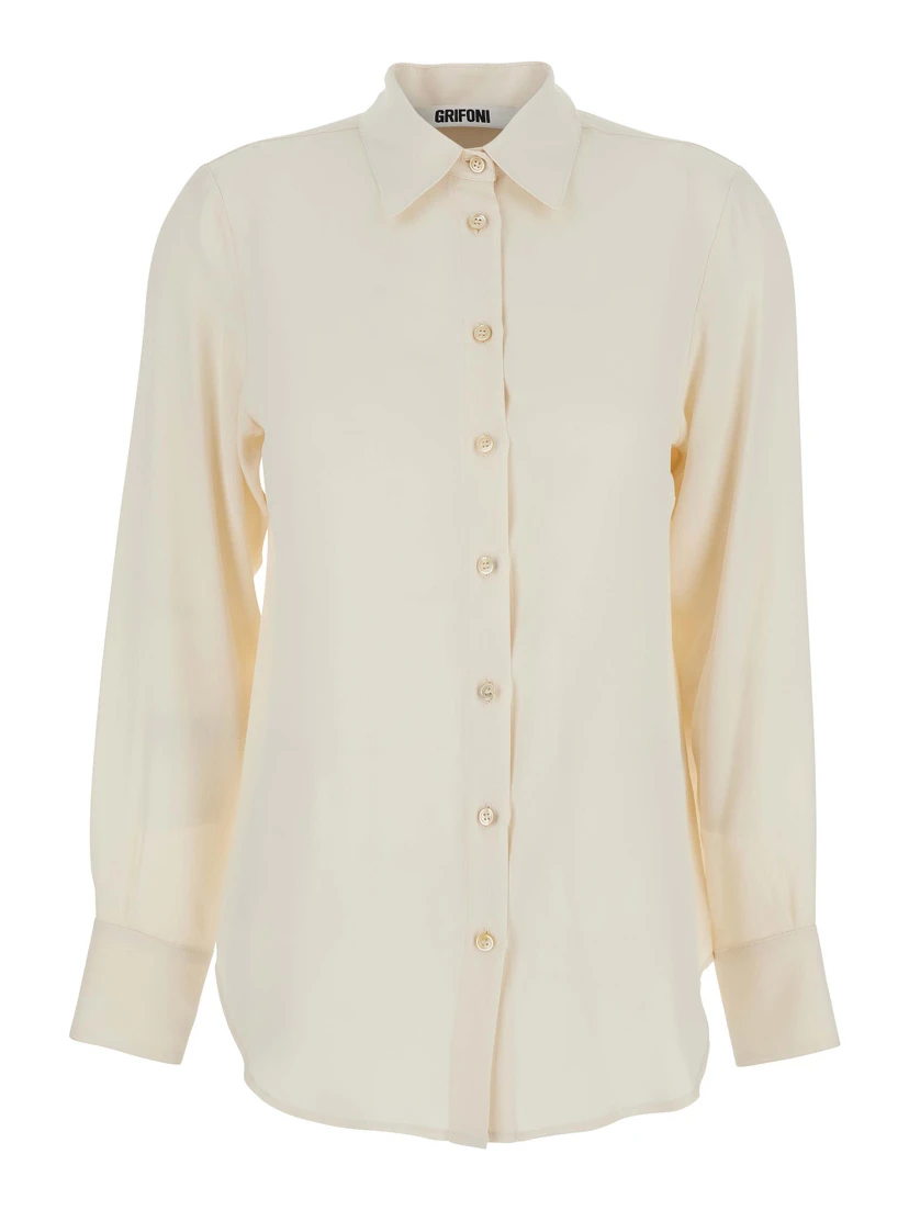 White Shirt with Classic Collar and Buttoned Cuffs in Cotton Blend Woman