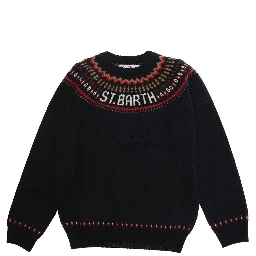 Multicolor Crewneck Sweater with Geometric Embroidery and Logo Lettering on the Front in Wool Boy