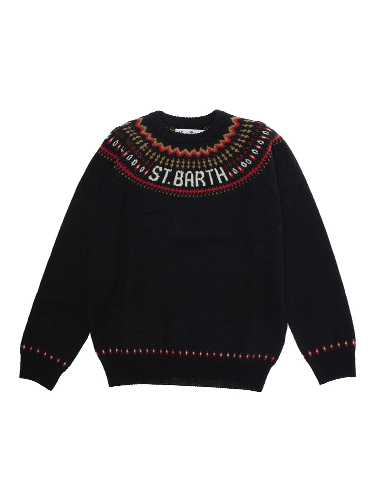 Multicolor Crewneck Sweater with Geometric Embroidery and Logo Lettering on the Front in Wool Boy