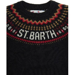 Multicolor Crewneck Sweater with Geometric Embroidery and Logo Lettering on the Front in Wool Boy