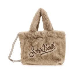 Colette Beige Handbag with Logo Lettering on Front and Back in Faux Fur Girl