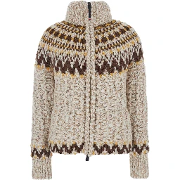 Beige Jacket with Geometric Motif and Ribbed Trims in Wool Blend Woman