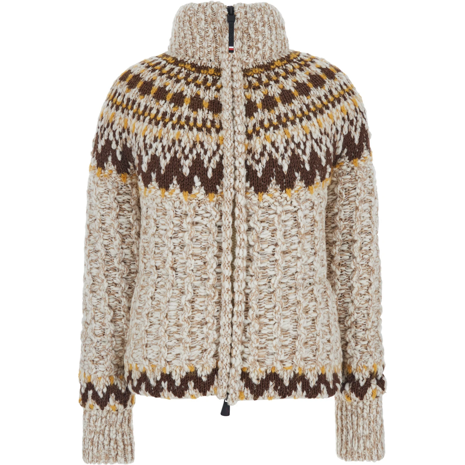 Beige Jacket with Geometric Motif and Ribbed Trims in Wool Blend Woman