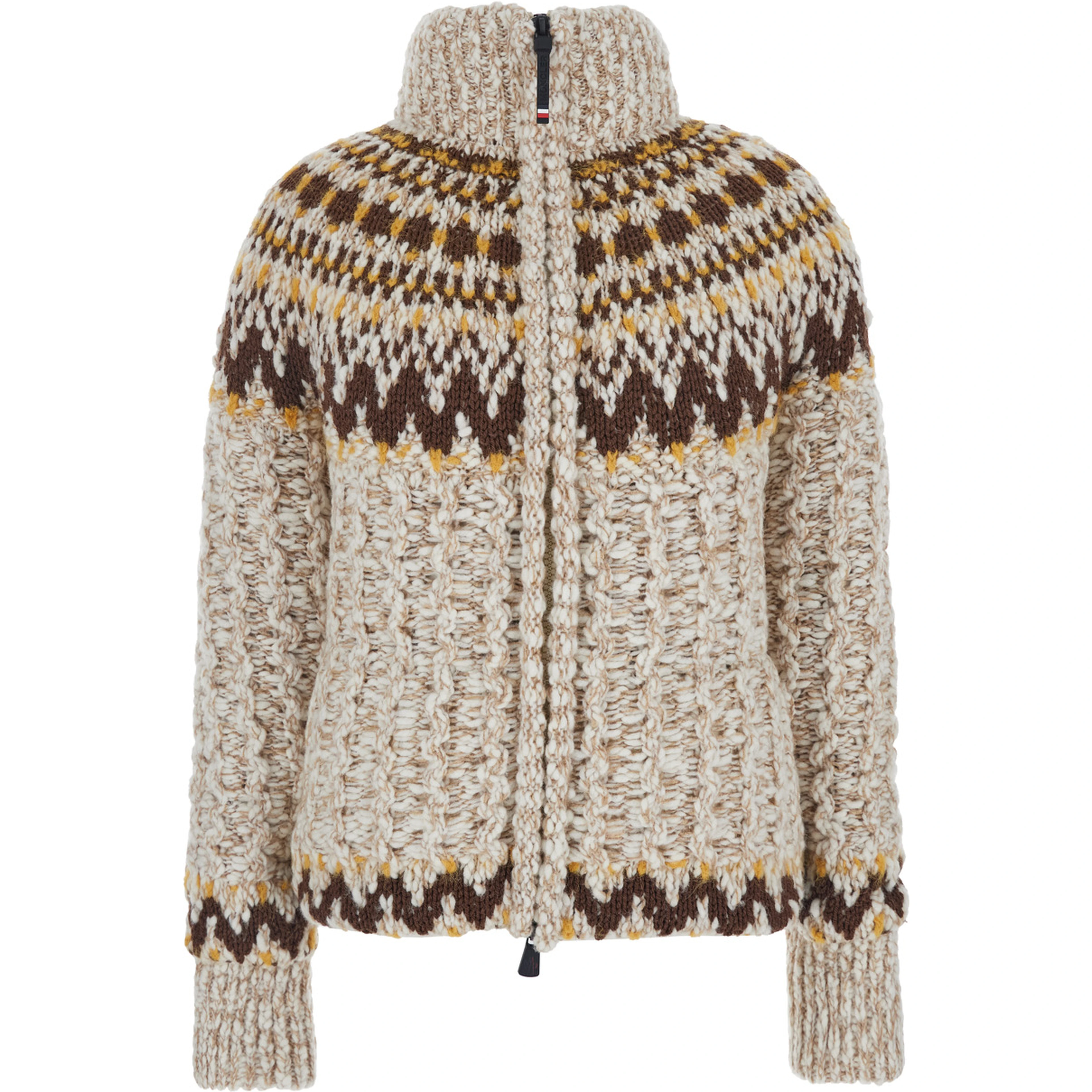 Beige Jacket with Geometric Motif and Ribbed Trims in Wool Blend Woman