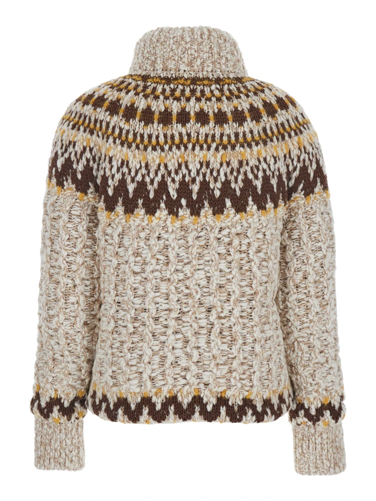 Beige Jacket with Geometric Motif and Ribbed Trims in Wool Blend Woman alternative