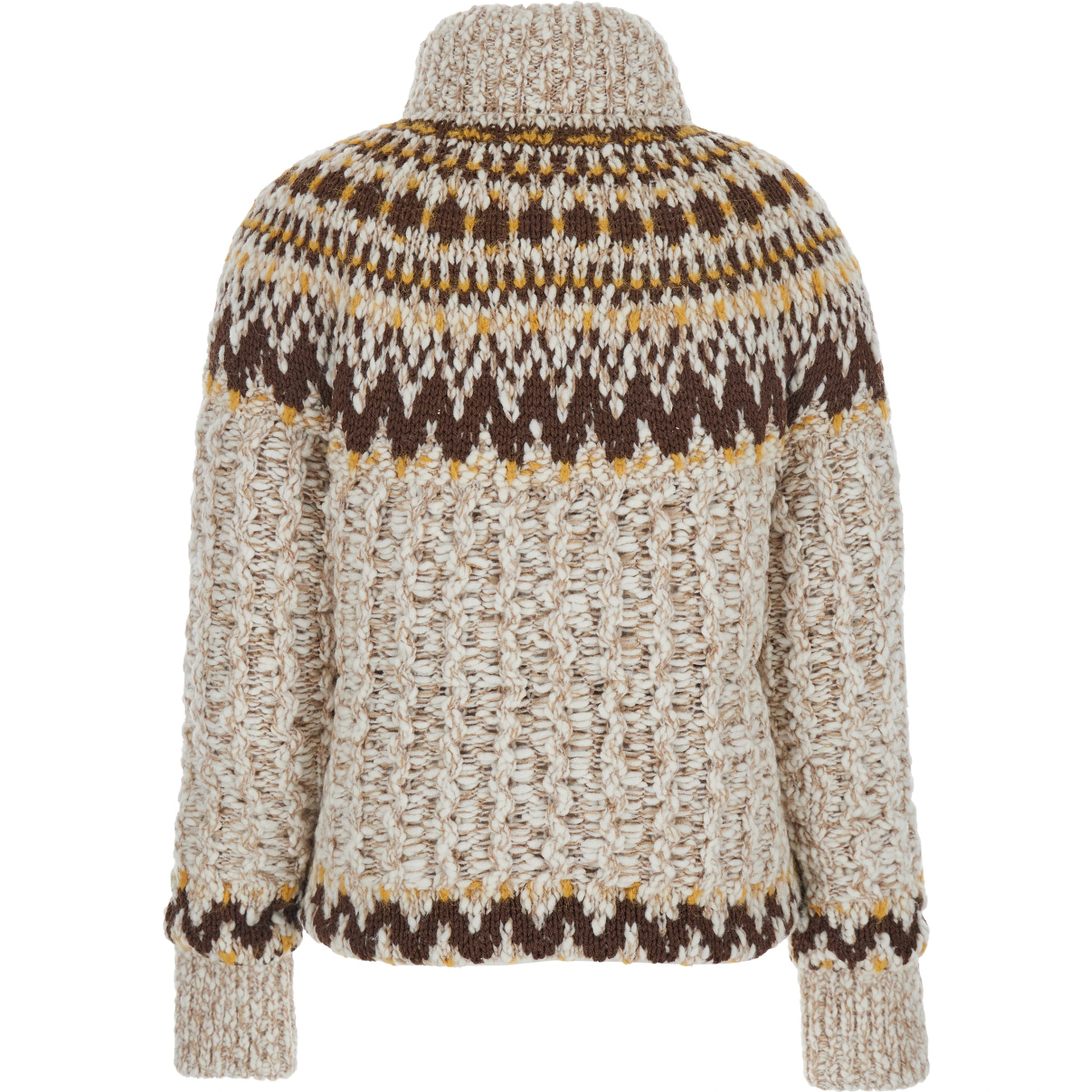 Beige Jacket with Geometric Motif and Ribbed Trims in Wool Blend Woman
