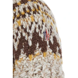 Beige Jacket with Geometric Motif and Ribbed Trims in Wool Blend Woman