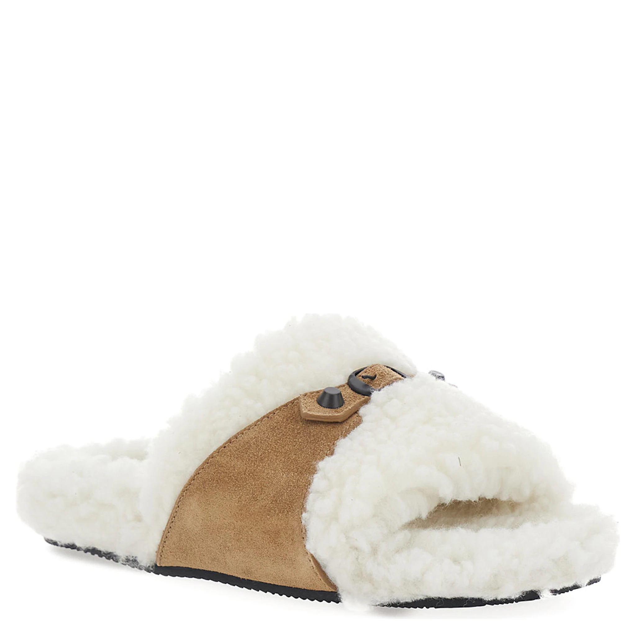 White Sandals with Buckles and Studs in Leather and Fur Woman