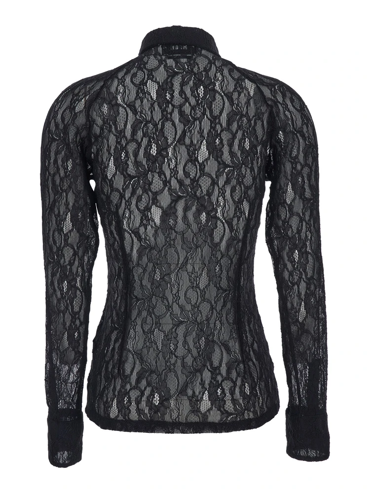 Black Shirt with All-Over Floral Embroidery and Semi-Sheer Design in Lace Woman