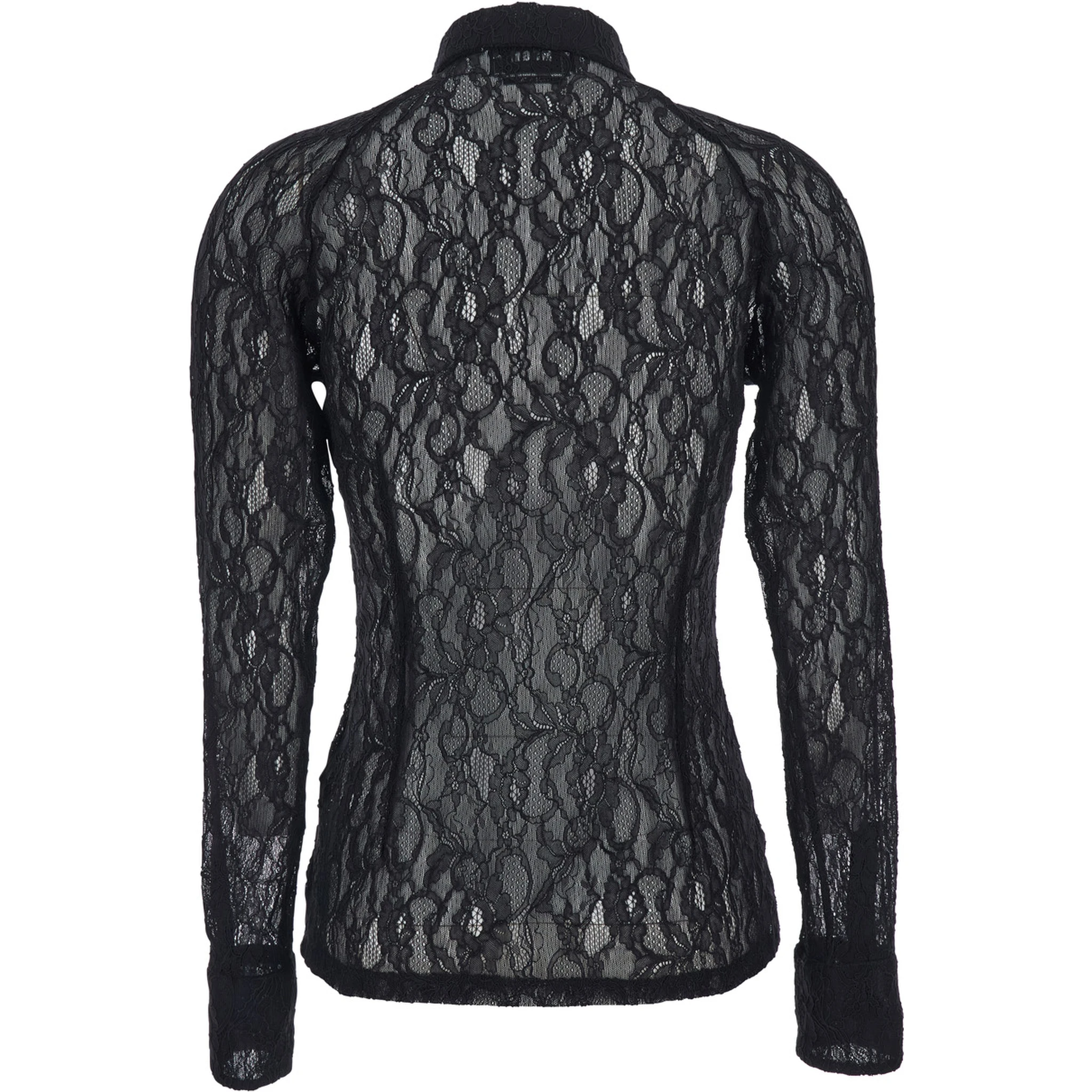 Black Shirt with All-Over Floral Embroidery and Semi-Sheer Design in Lace Woman