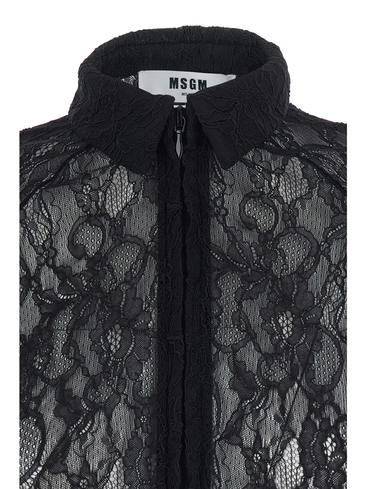 Black Shirt with All-Over Floral Embroidery and Semi-Sheer Design in Lace Woman alternative