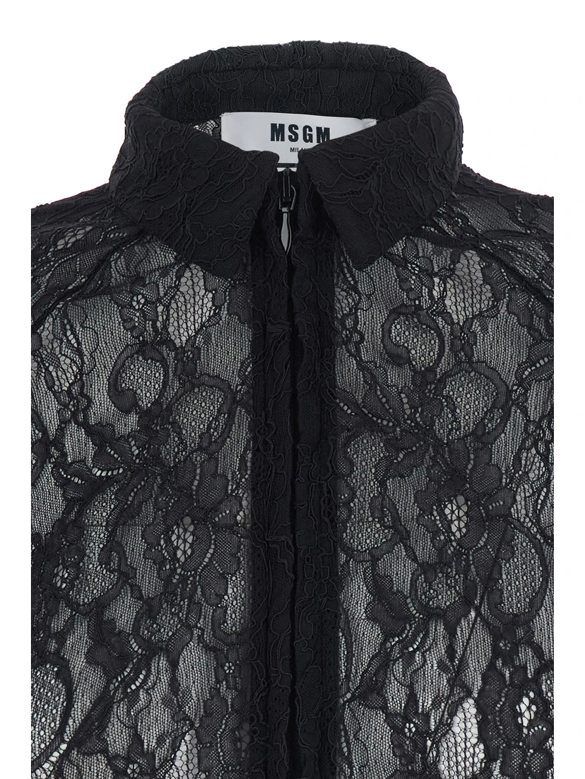 Black Shirt with All-Over Floral Embroidery and Semi-Sheer Design in Lace Woman