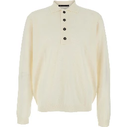 White Sweater with Polo Shirt Style Collar and Long Sleeves in Wool Man