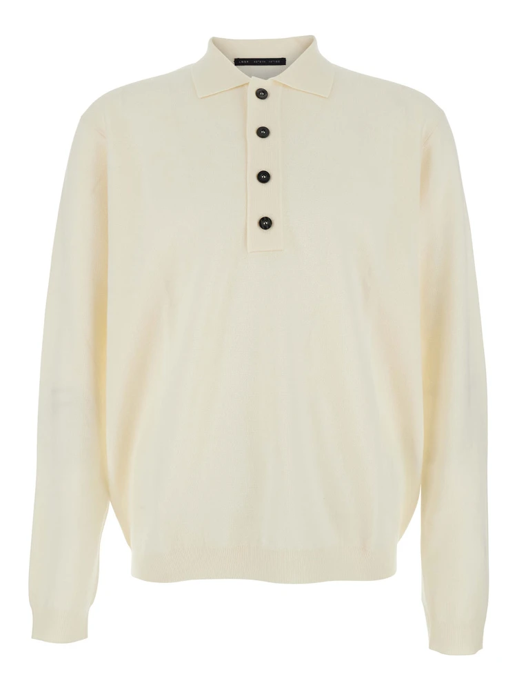 White Sweater with Polo Shirt Style Collar and Long Sleeves in Wool Man