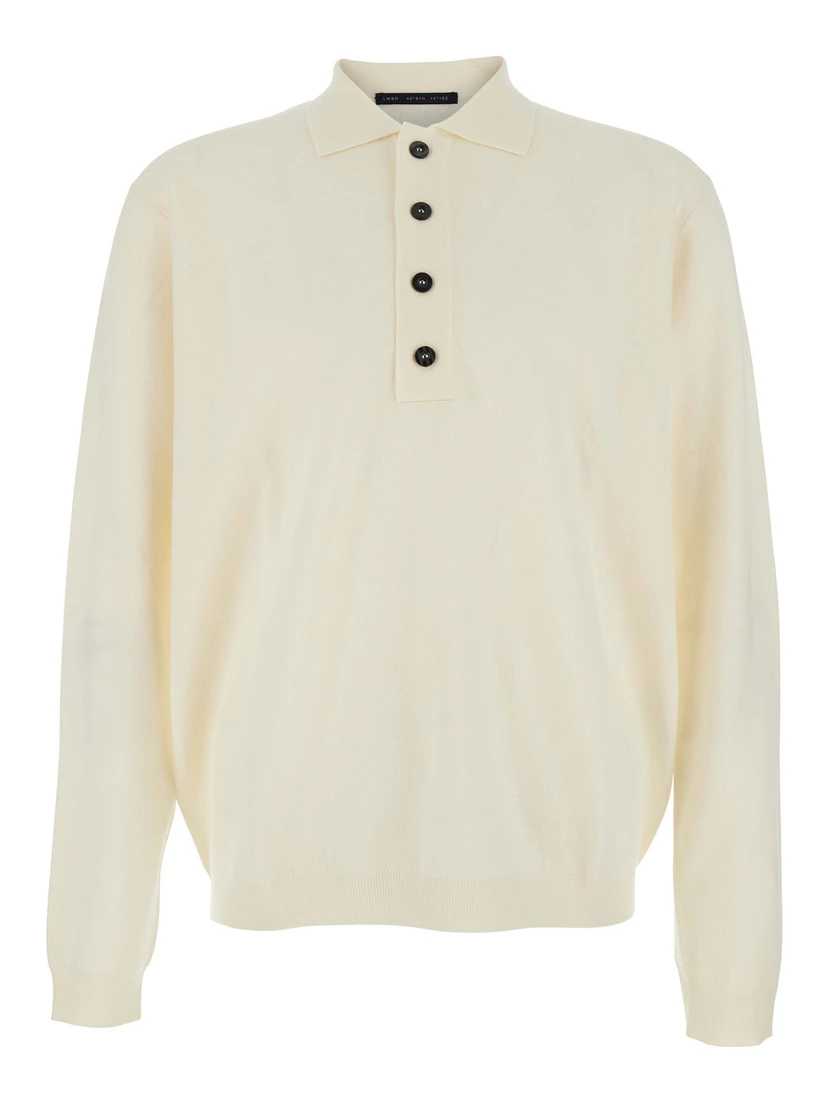 White Sweater with Polo Shirt Style Collar and Long Sleeves in Wool Man