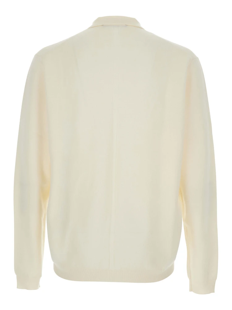 White Sweater with Polo Shirt Style Collar and Long Sleeves in Wool Man alternative