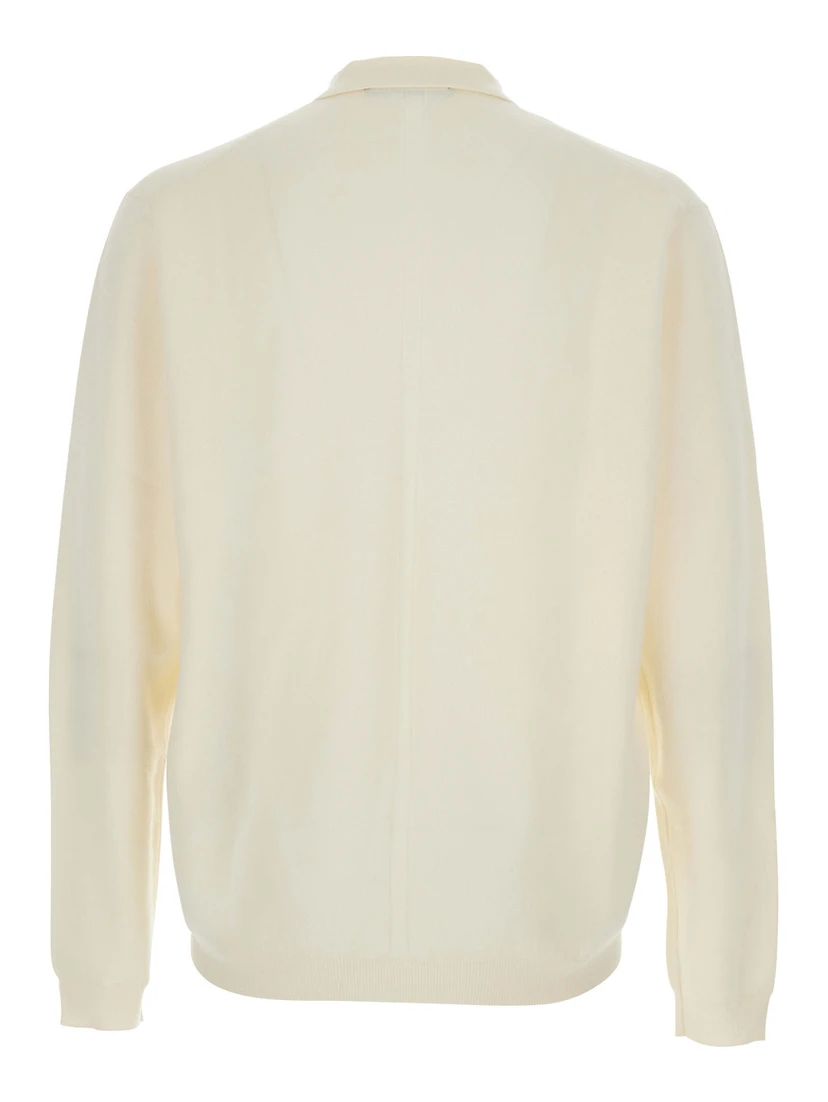 White Sweater with Polo Shirt Style Collar and Long Sleeves in Wool Man