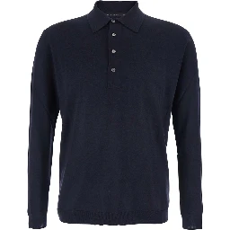 Blue Sweater with Polo Shirt Style Collar and Long Sleeves in Wool Man