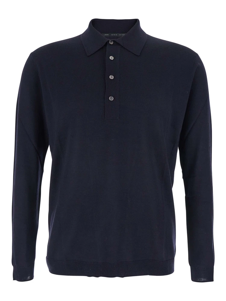 Blue Sweater with Polo Shirt Style Collar and Long Sleeves in Wool Man